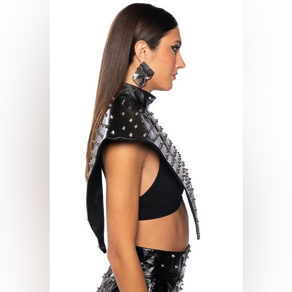 Faux Leather Stud Mock Neck Triangle Blouse & HBIC FAUX LEATHER SPIKE Shorts - Picture 4 of 15